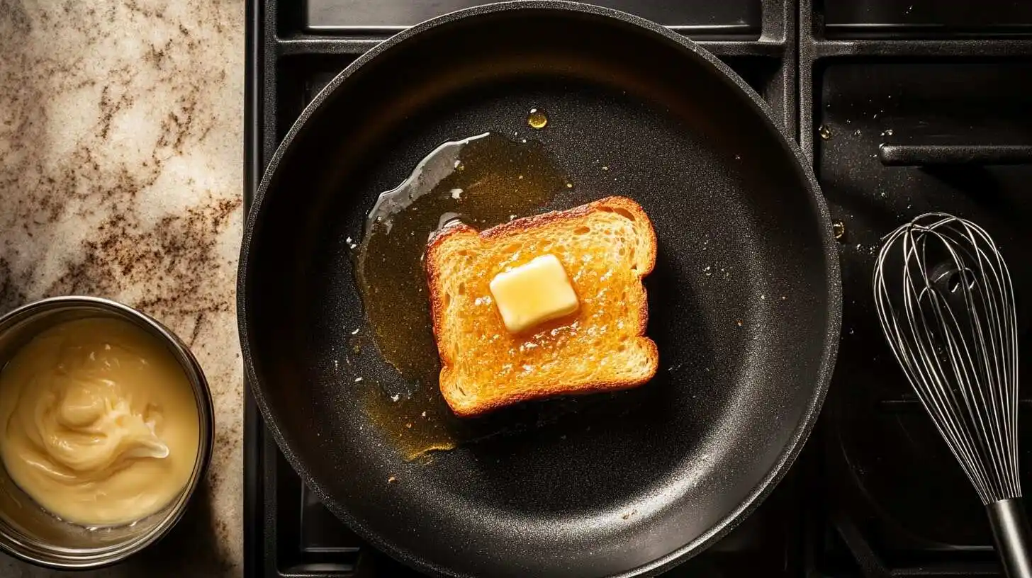 Two slices of brioche bread cooking in a skillet, one side golden brown, and the other side soaking batter.