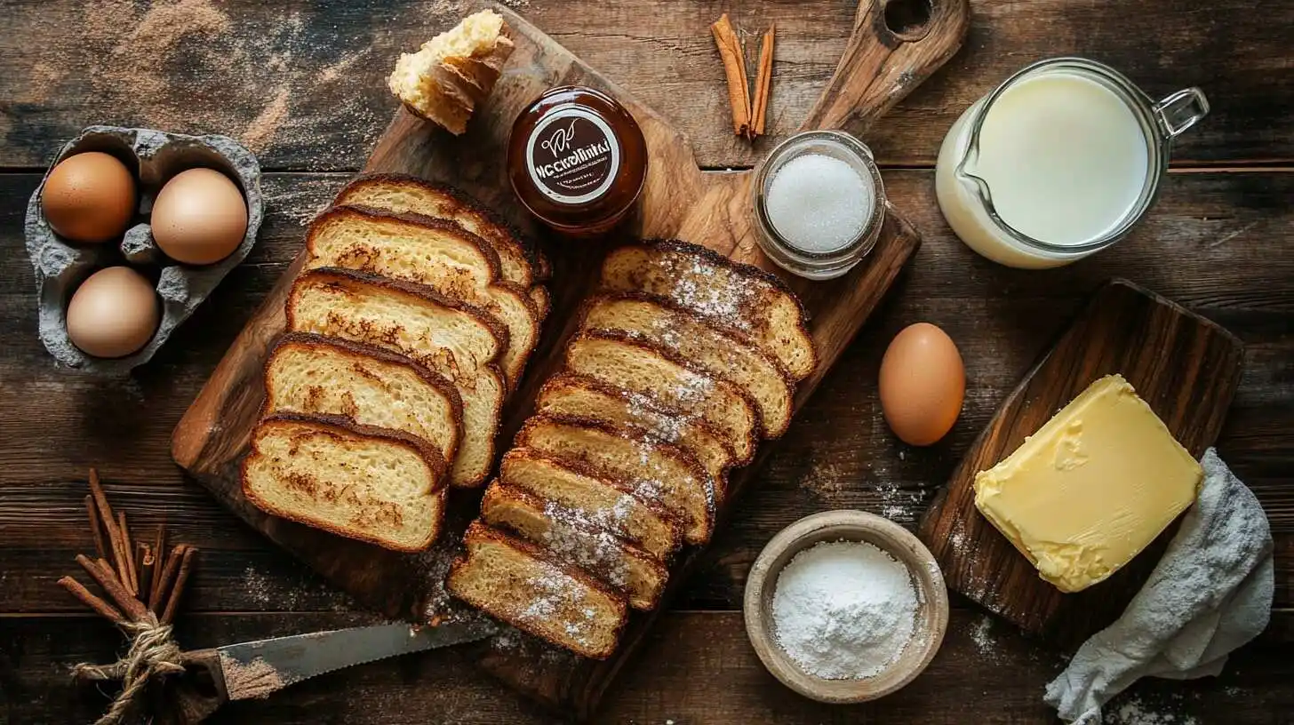 Ingredients for French toast, including sliced brioche bread, eggs, milk, McCormick cinnamon, and vanilla extract, arranged on a wooden table.