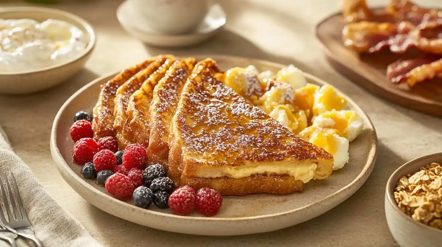 A breakfast table with French toast garnished with fresh berries, a side of scrambled eggs, crispy bacon, and a latte in a modern setting.