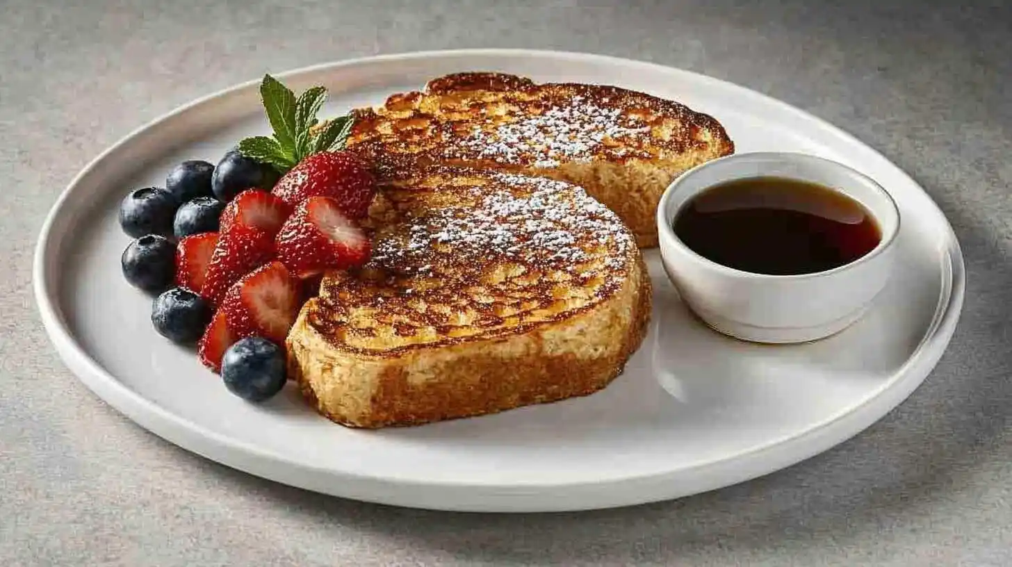 Golden French toast on a white plate with powdered sugar, fresh strawberries, blueberries, and a small bowl of maple syrup.