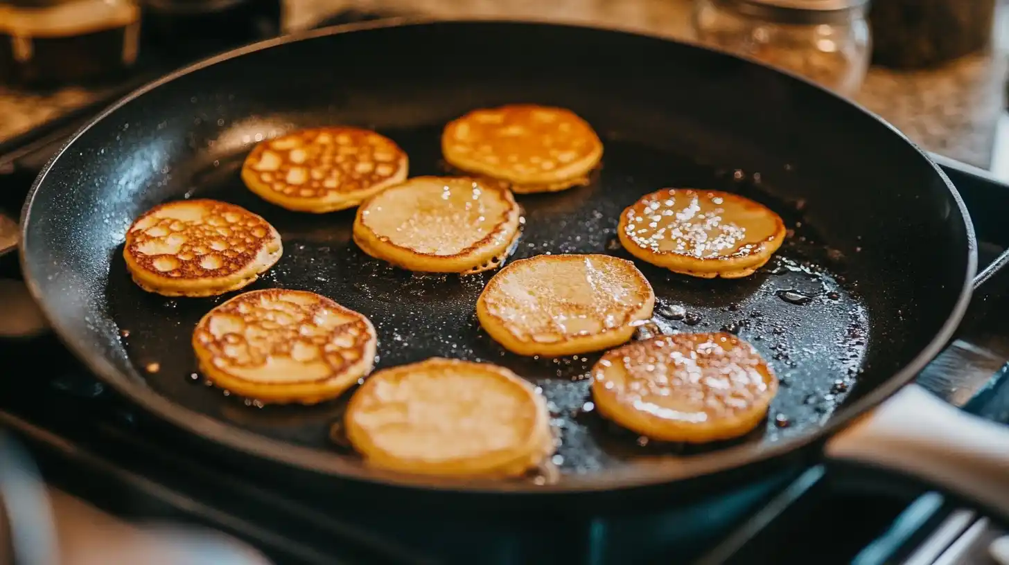 Mini pancakes cooking on a non-stick skillet with bubbles on the surface and a spatula ready to flip them.