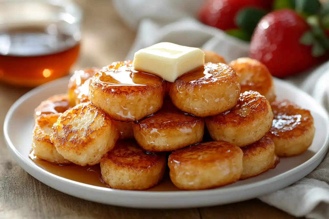 A plate of mini pancakes topped with melting butter and syrup, with strawberries and a napkin on the side