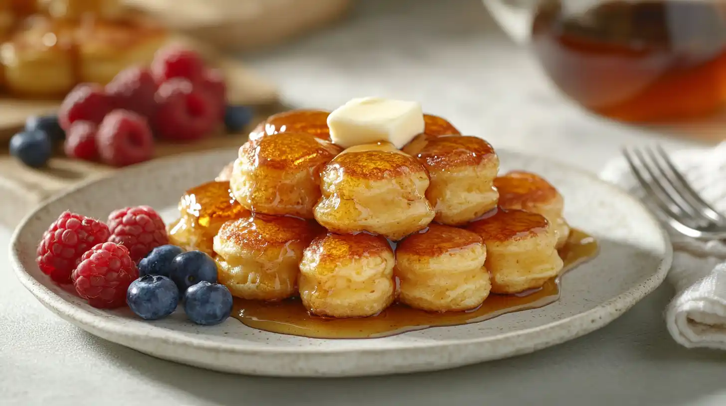 A stack of mini pancakes with maple syrup, butter, and berries on a white plate, styled on a rustic breakfast table.