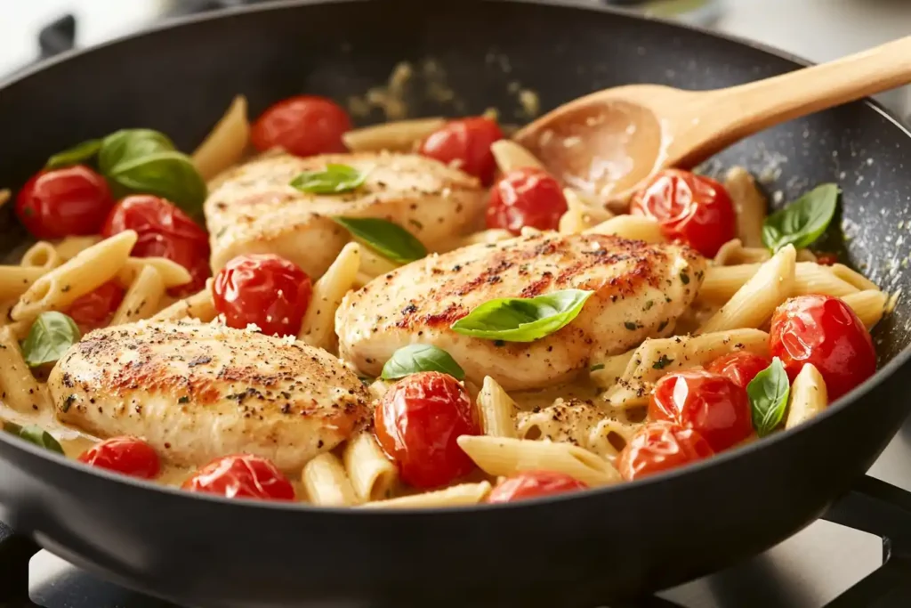 Chicken and pasta simmering in a creamy sauce with cherry tomatoes and basil in a skillet