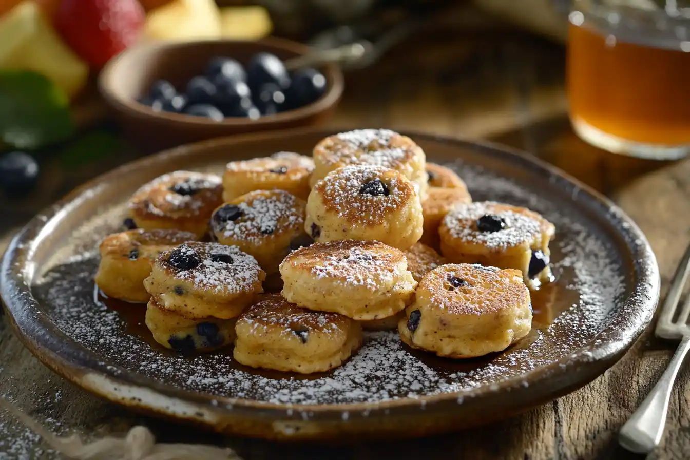 Golden pancake bites with powdered sugar, served with syrup and fruit on a wooden table