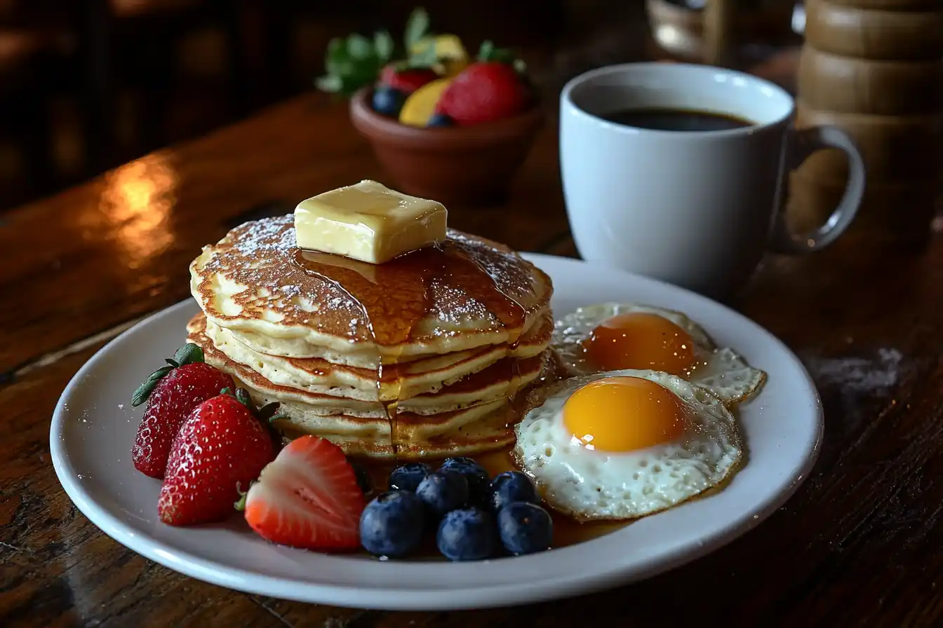 A plate of pancakes with butter and syrup, sunny-side-up eggs, and fresh berries on a wooden table