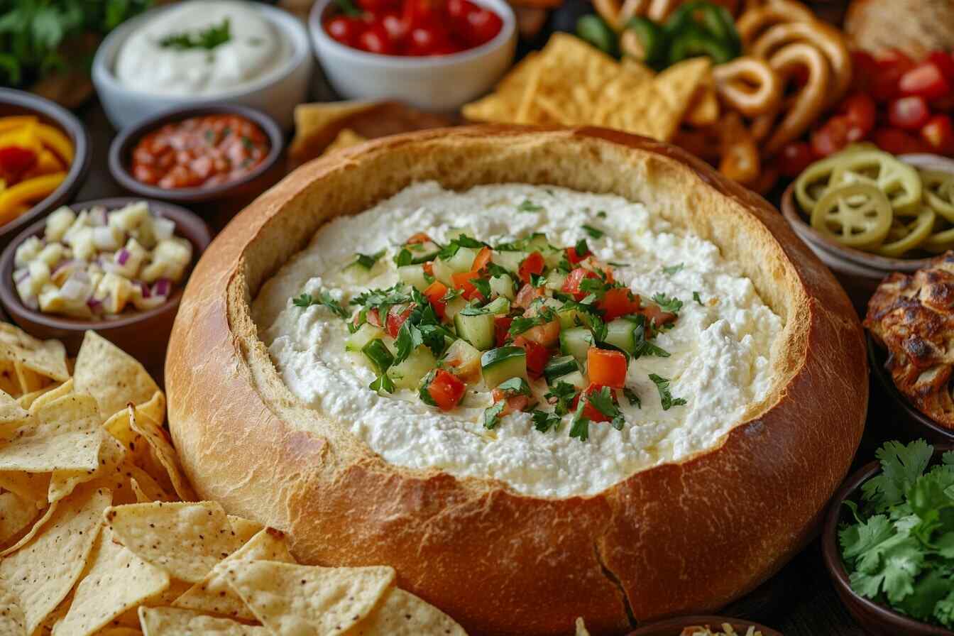 Cottage cheese queso in a bread bowl, surrounded by chips, pretzels, roasted vegetables, and crackers for dipping