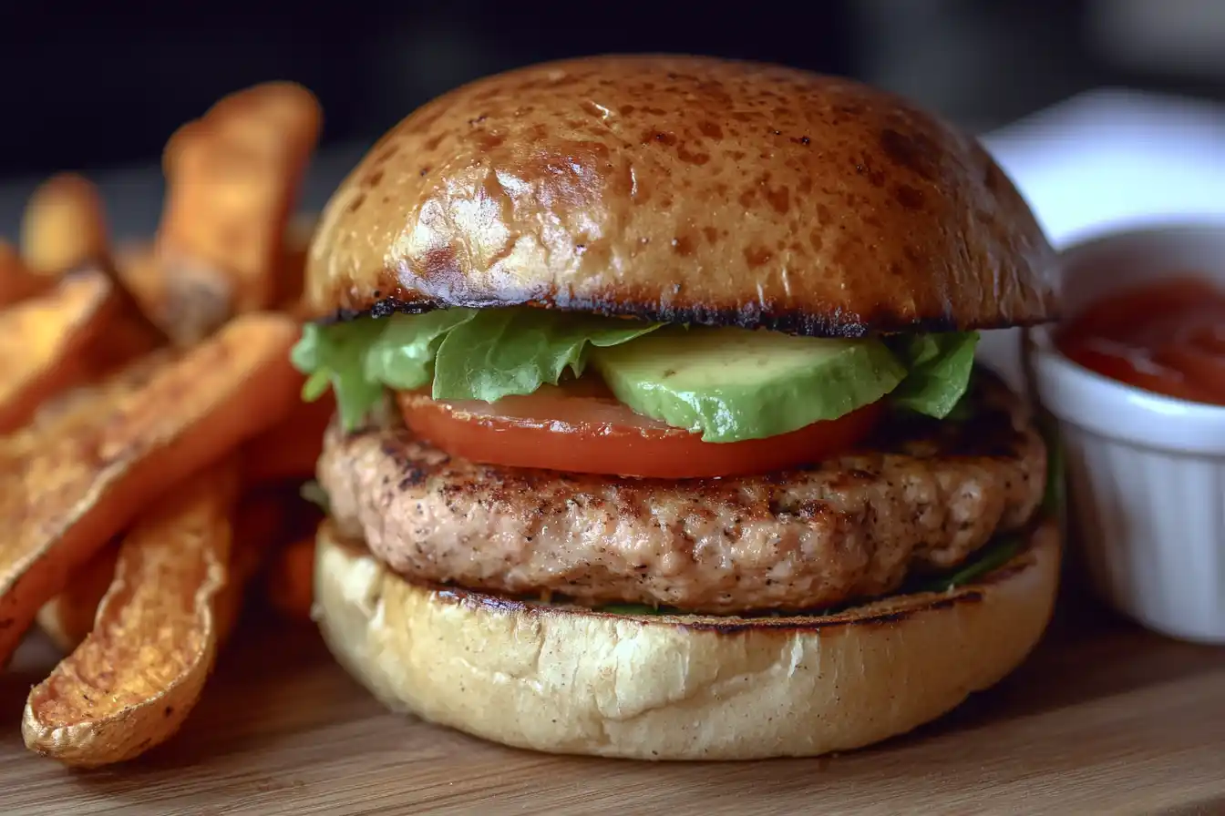 A turkey burger with lettuce, tomato, avocado, and cheese on a whole-grain bun, served with sweet potato fries