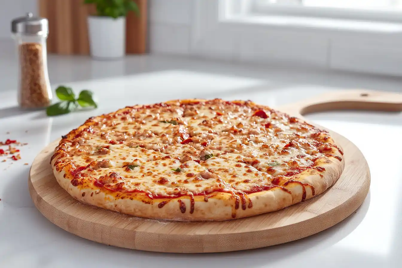 A baked Costco frozen pizza with golden crust, melted cheese, and toppings, served on a wooden pizza board