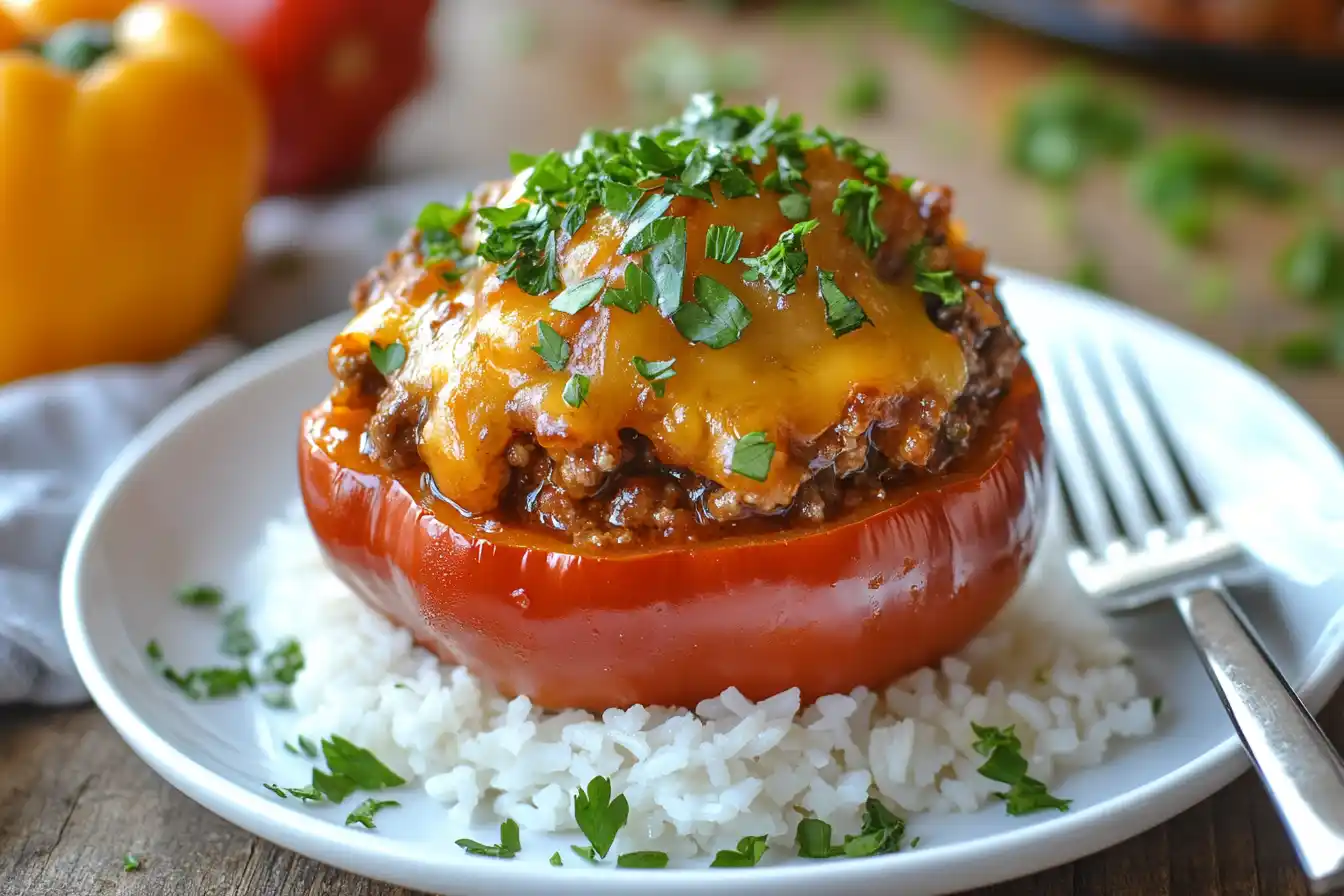 A cooked red stuffed bell pepper topped with golden melted cheese and parsley, served on a white plate with a fork