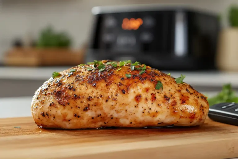 A golden-brown chicken breast on a cutting board with a meat thermometer showing 165°F, next to an air fryer