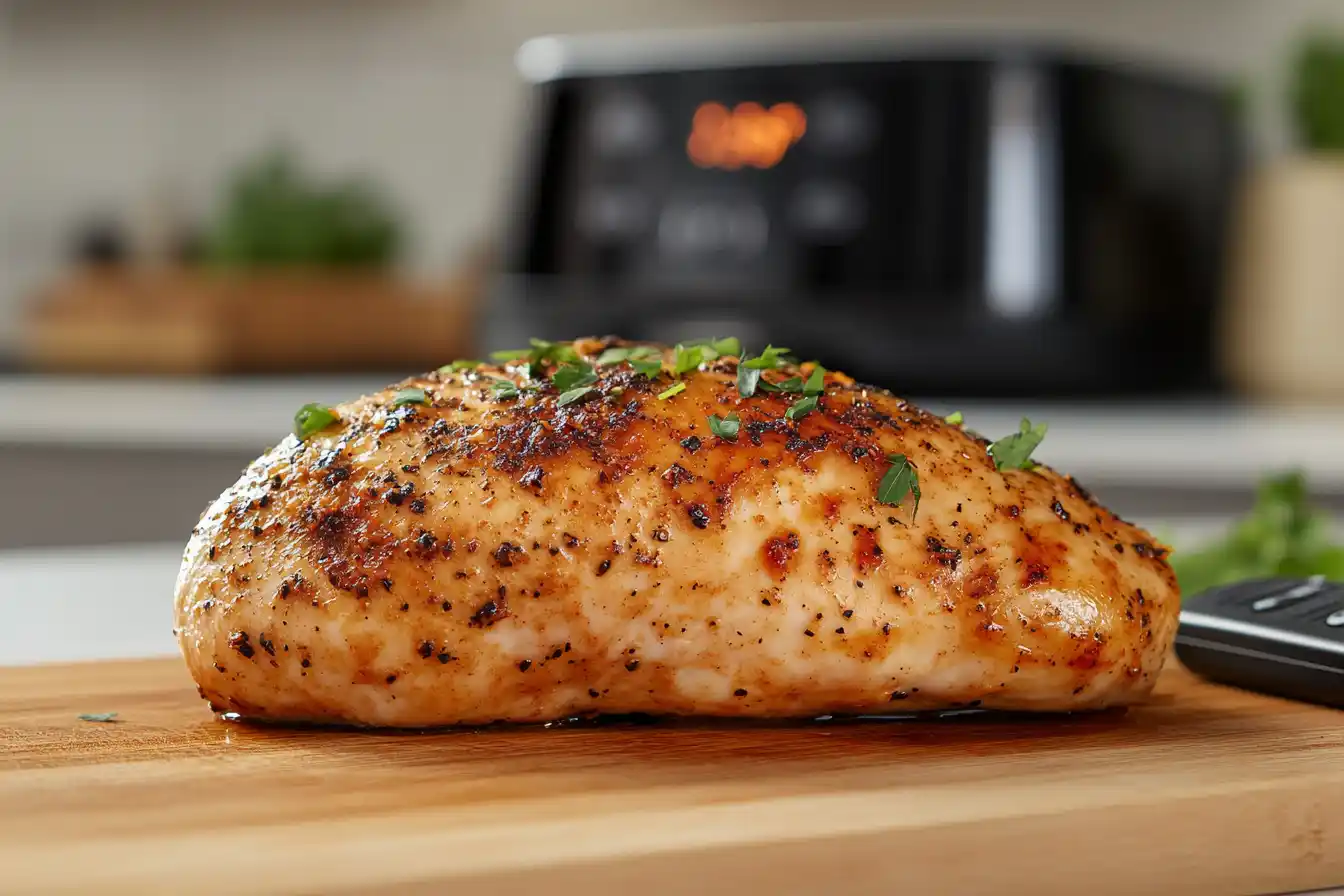 A golden-brown chicken breast on a cutting board with a meat thermometer showing 165°F, next to an air fryer