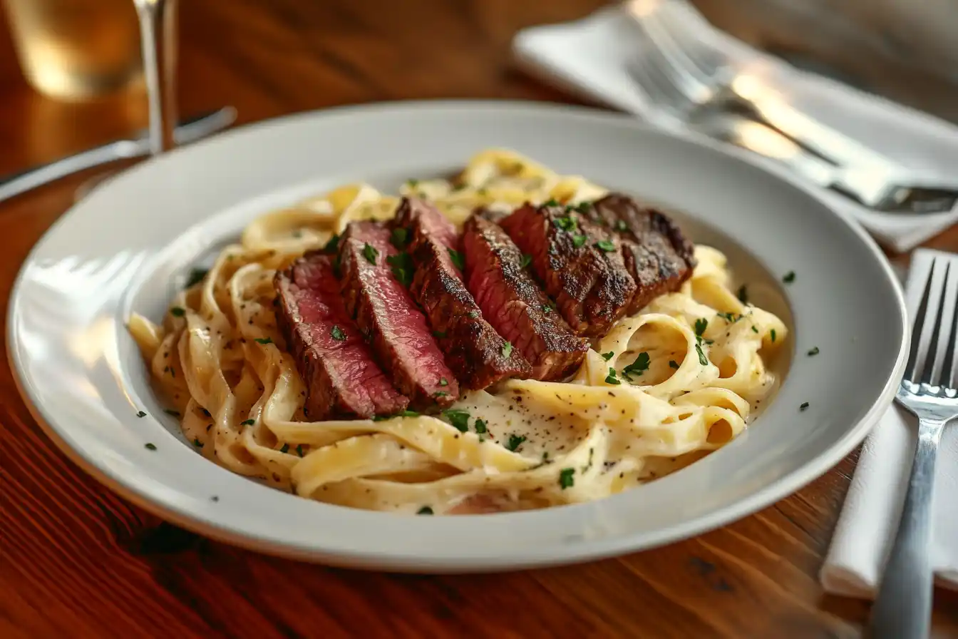 A plate of Steak Alfredo with fettuccine pasta, sliced steak, parsley, and Parmesan on a wooden table