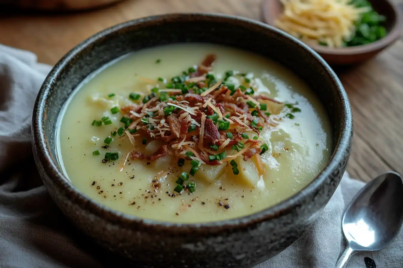 A creamy potato soup with bacon bits, cheddar cheese, and chives served in a rustic bowl on a wooden table