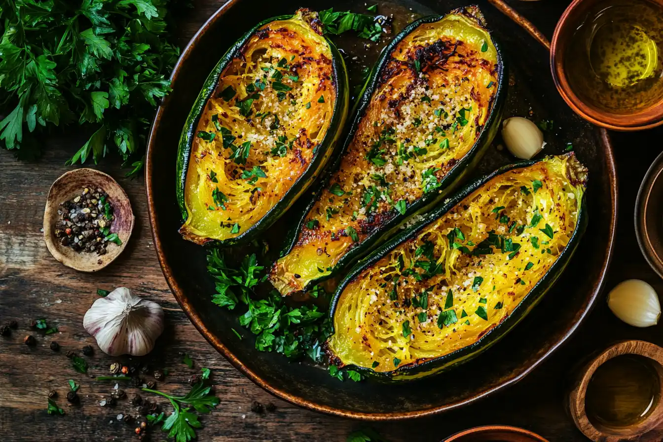 A roasted green spaghetti squash halved lengthwise with strands teased out, garnished with parsley, on a rustic wooden table