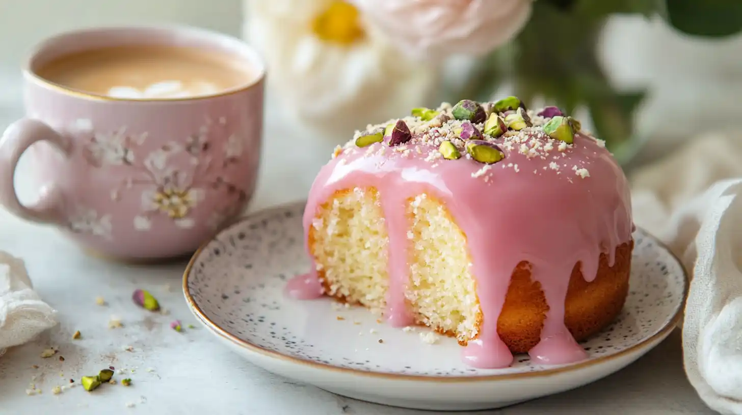slice-of-donut-cake-with-pink-glaze A slice of donut cake with pink glaze and crushed pistachios on a plate, accompanied by a cappuccino