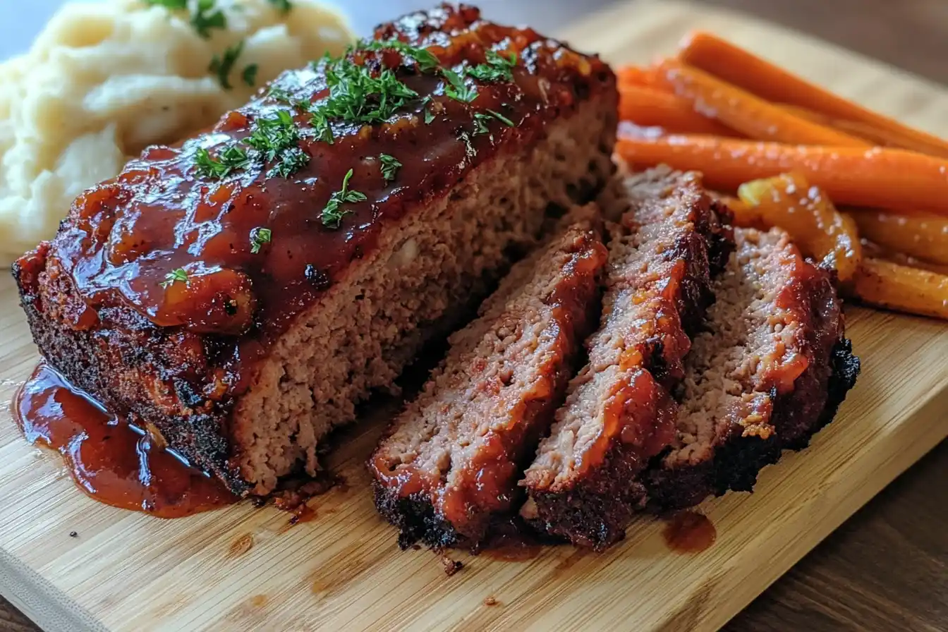 A sliced meatloaf with a shiny tomato glaze, served with mashed potatoes and carrots on a wooden board