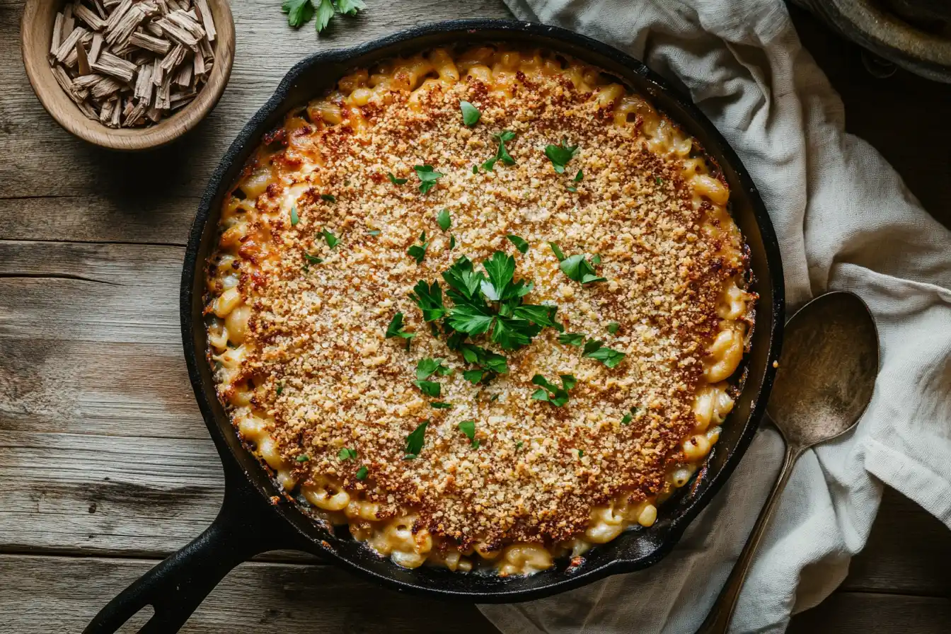 A skillet of smoked mac and cheese with a golden crust and melted cheese, garnished with parsley