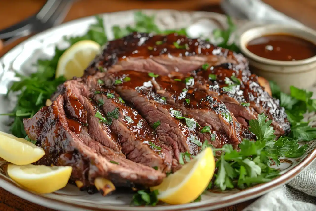 Juicy beef back ribs with a caramelized barbecue glaze, served with parsley and dipping sauce on a rustic plate