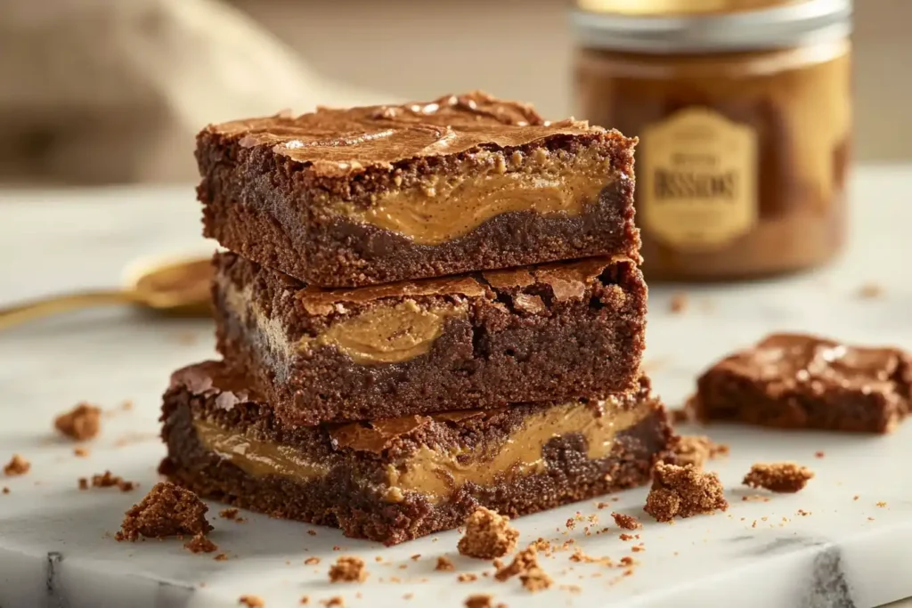 A stack of Biscoff Brownies with visible caramel swirls, scattered cookie crumbs, and a jar of Biscoff spread in the background