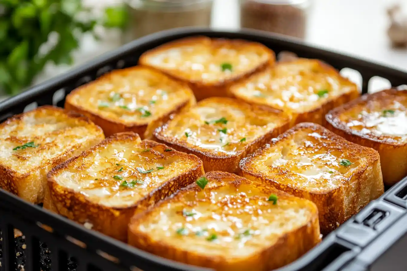 Texas Toast slices being air-fried to crispy, golden perfection in an air fryer basket