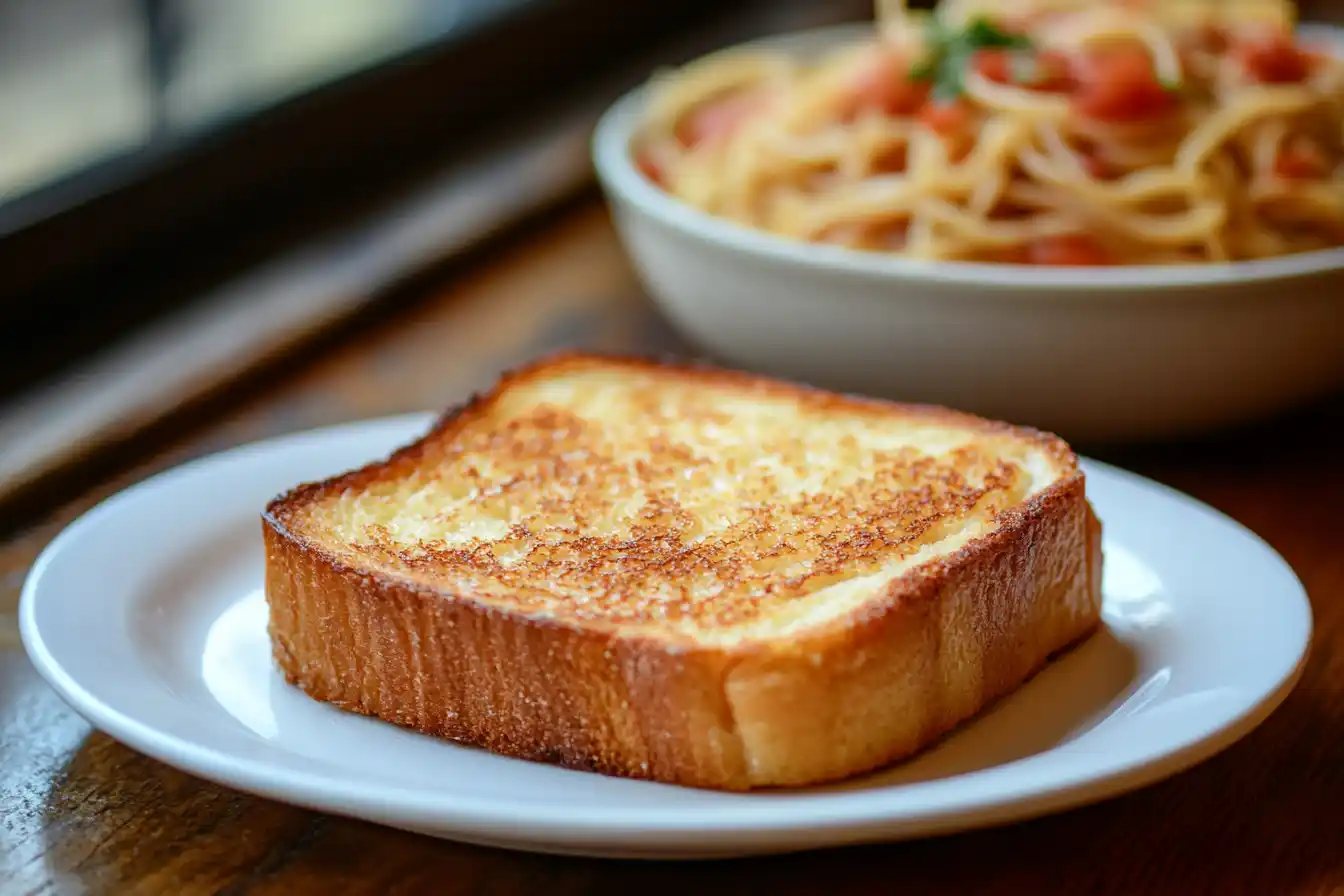 A slice of golden-brown Texas toast on a plate with blurred spaghetti in the background