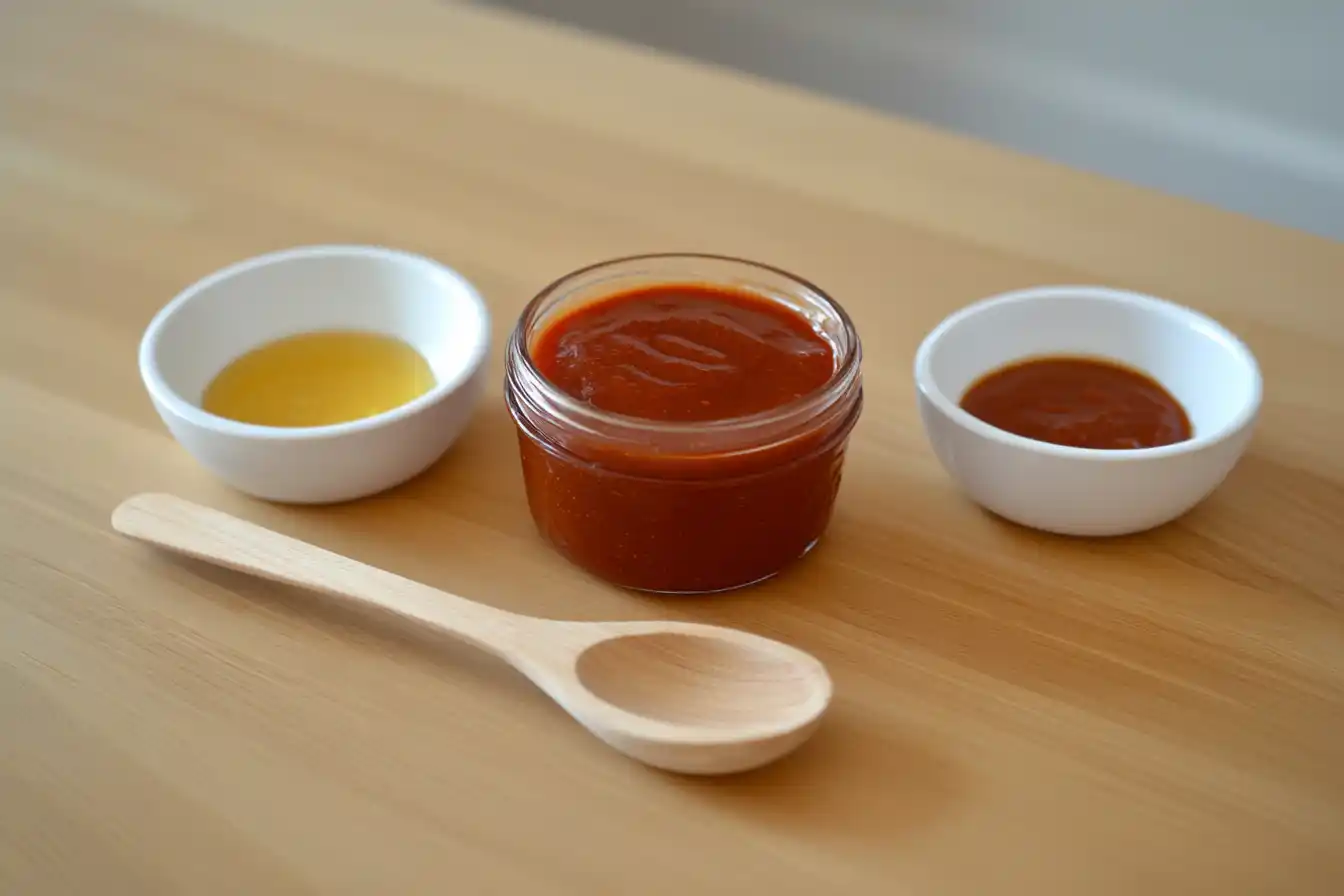 A glass jar of homemade BBQ sauce with a drizzle spilling over the edge, surrounded by its three main ingredients.