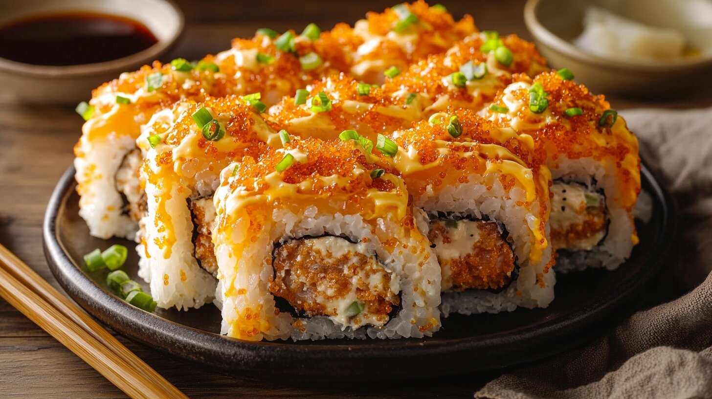 A close-up of Volcano Roll pieces topped with bubbling spicy mayo, tobiko, and scallions on a dark ceramic plate.