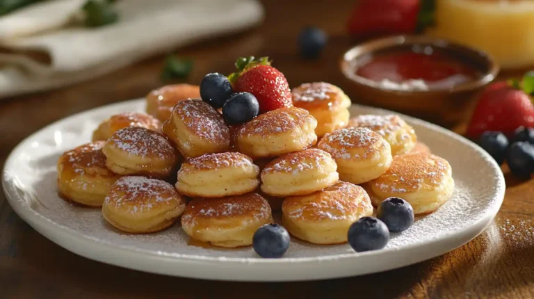 Mini pancakes dusted with powdered sugar, surrounded by fresh berries and syrup