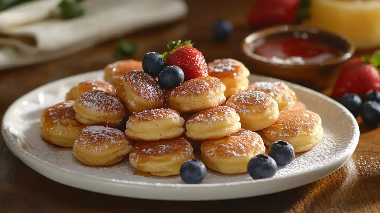 Mini pancakes dusted with powdered sugar, surrounded by fresh berries and syrup