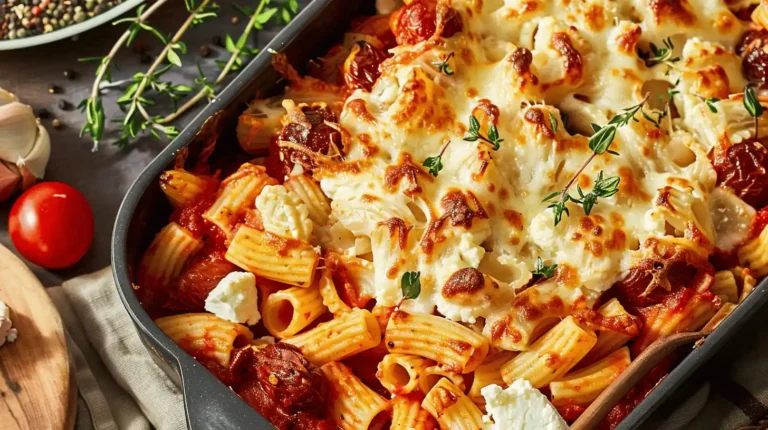 Baked Feta Pasta with rigatoni, cherry tomatoes, and feta cheese.