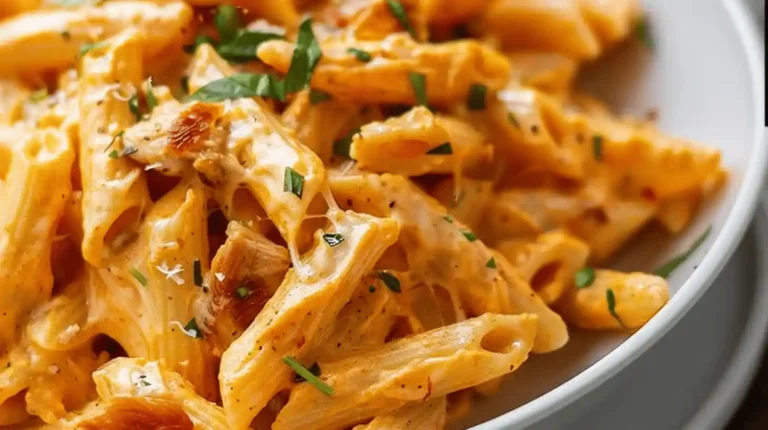 Buffalo Chicken Pasta with creamy sauce and herbs on a plate.