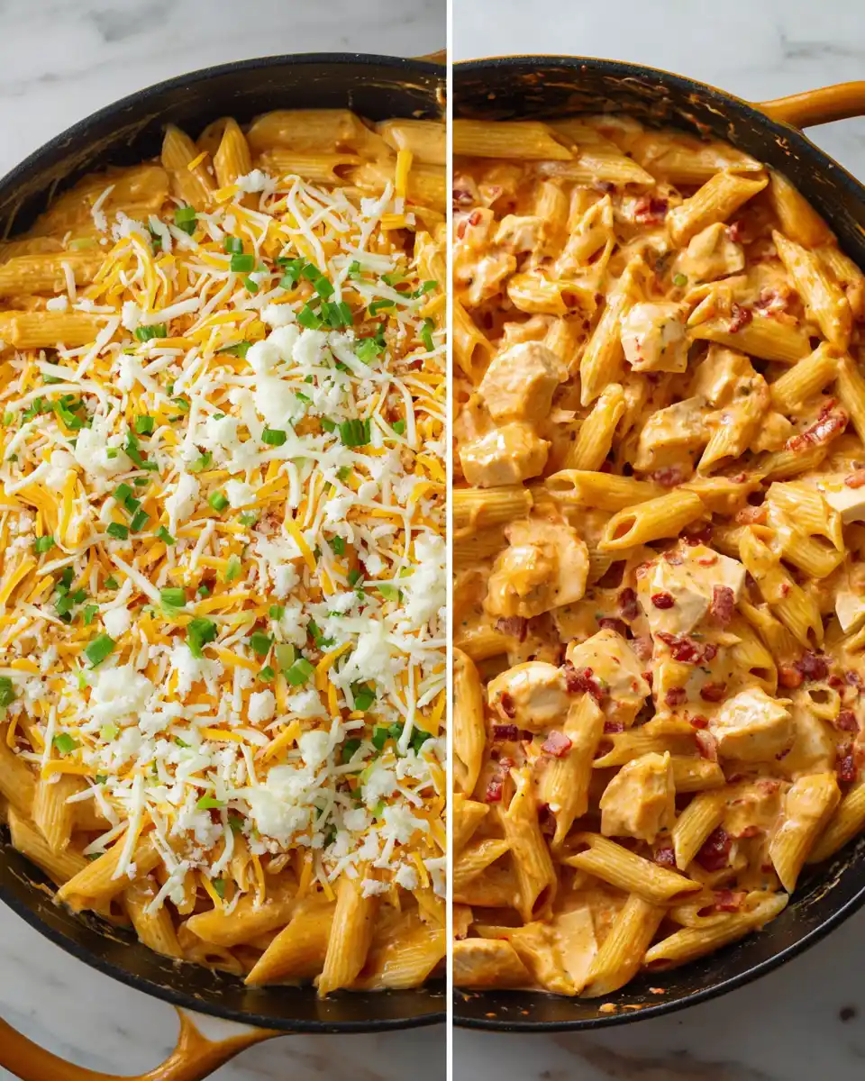 Buffalo Chicken Pasta in cast iron skillet showing before and after cheese melting, with penne pasta, chicken pieces, creamy buffalo sauce, three-cheese blend, and green onion garnish