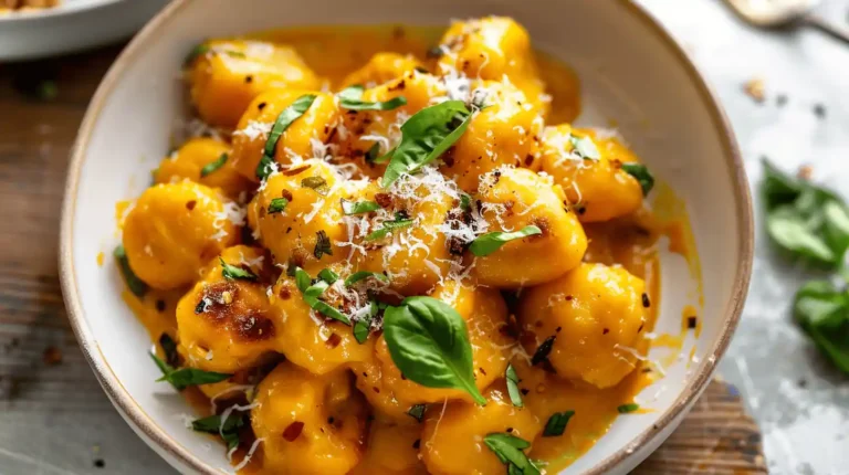 A plate of butternut squash gnocchi garnished with basil and parmesan cheese.