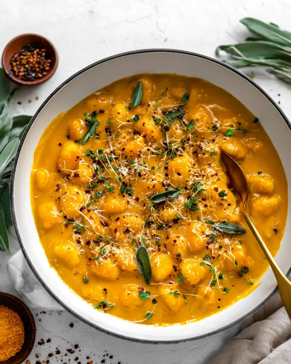 Butternut Squash Gnocchi in white bowl with creamy golden sauce, fresh sage leaves, microgreens, parmesan cheese, and red chili flakes