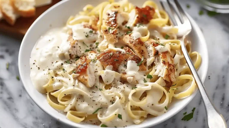 Olive Garden Chicken Alfredo with fettuccine, Alfredo sauce, and grilled chicken in a white bowl.