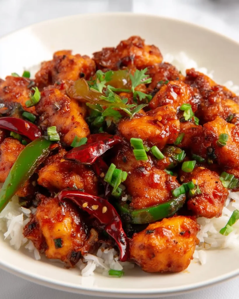 A delicious bowl of Chili Chicken, featuring crispy chicken pieces, green bell peppers, and red chilies, garnished with fresh cilantro.