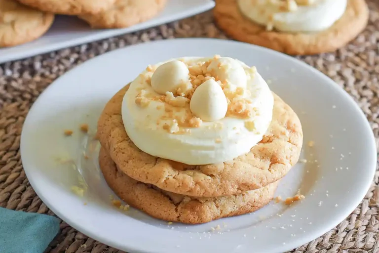 A plate of golden-brown banana pudding cookies, some featuring a creamy filling and Nilla wafer crumble on top.