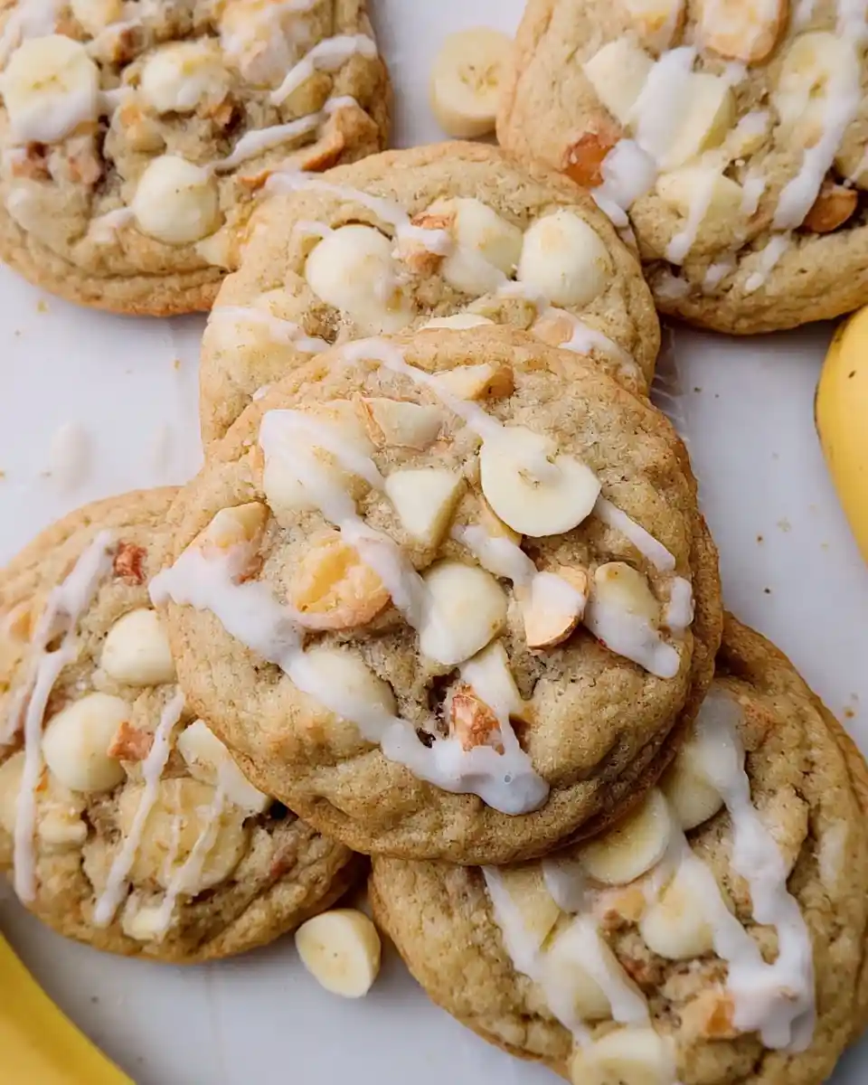 A close-up shot of several homemade banana pudding cookies, garnished with a dollop of cream and a mini vanilla wafer.