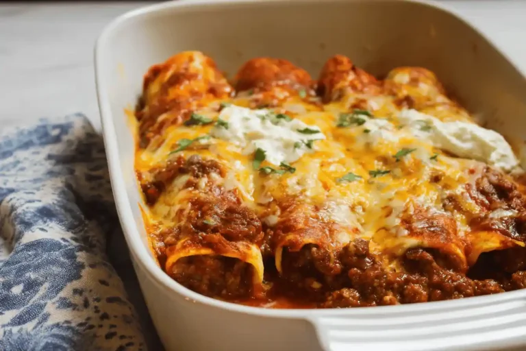 Beef enchiladas topped with melted cheese and herbs in a white ceramic dish.