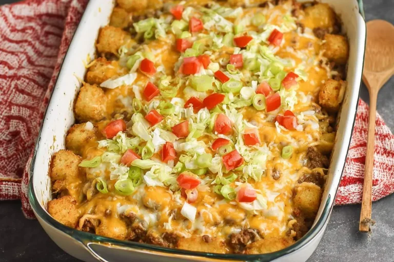 A close-up of a cheesy Big Mac Casserole topped with crispy tots, shredded lettuce, diced tomatoes, and green onions in a white baking dish.