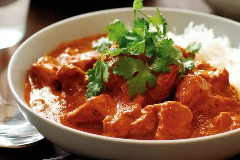 A vibrant bowl of creamy butter chicken, garnished with fresh cilantro and served with a side of fluffy rice.