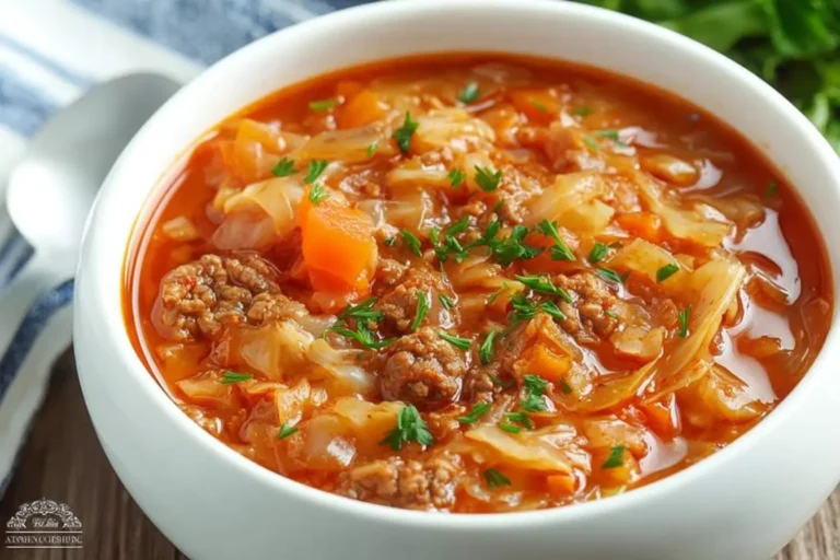 A close-up of a white bowl filled with hearty cabbage roll soup, featuring ground meat, tender cabbage, carrots, and a rich tomato broth, garnished with fresh parsley.