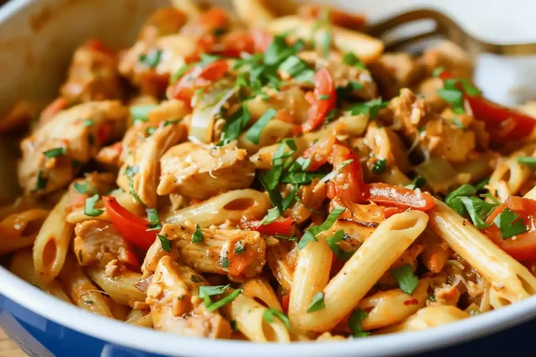 Cajun chicken pasta with bell peppers and herbs in a white dish.