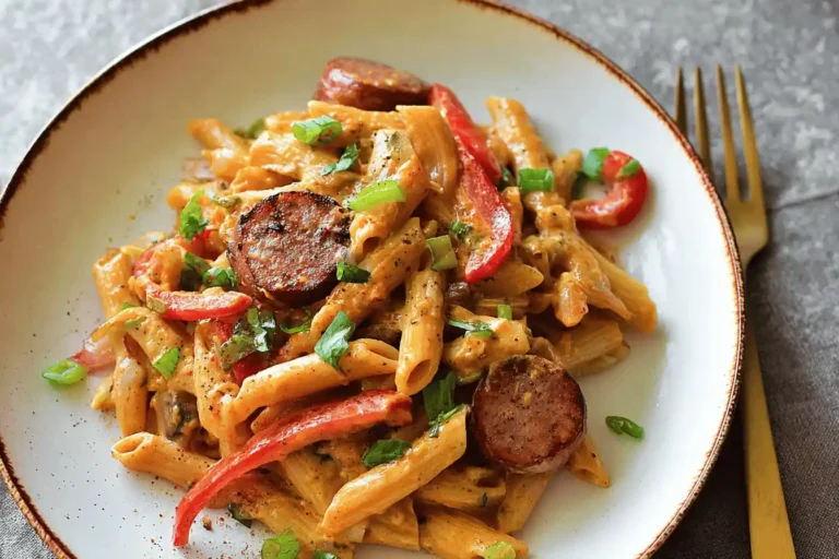Plate of cajun sausage pasta with penne, andouille sausage, red peppers, and creamy sauce.