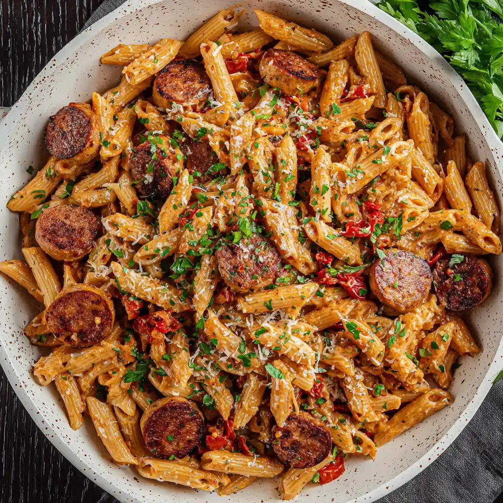 Cajun sausage pasta with penne in a creamy spicy sauce, topped with seared sausage, parmesan, and fresh parsley.