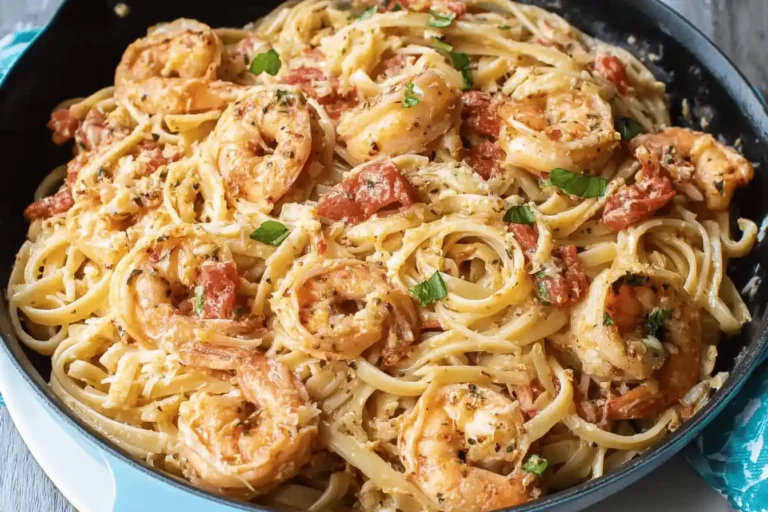 A delicious serving of Cajun Shrimp Pasta with fettuccine and shrimp, garnished with herbs.