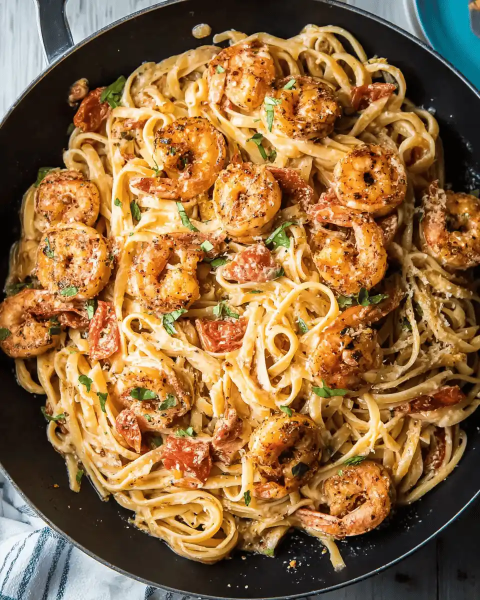 Creamy Cajun shrimp pasta with juicy shrimp, linguine noodles, and sun-dried tomatoes in a rich Cajun sauce
