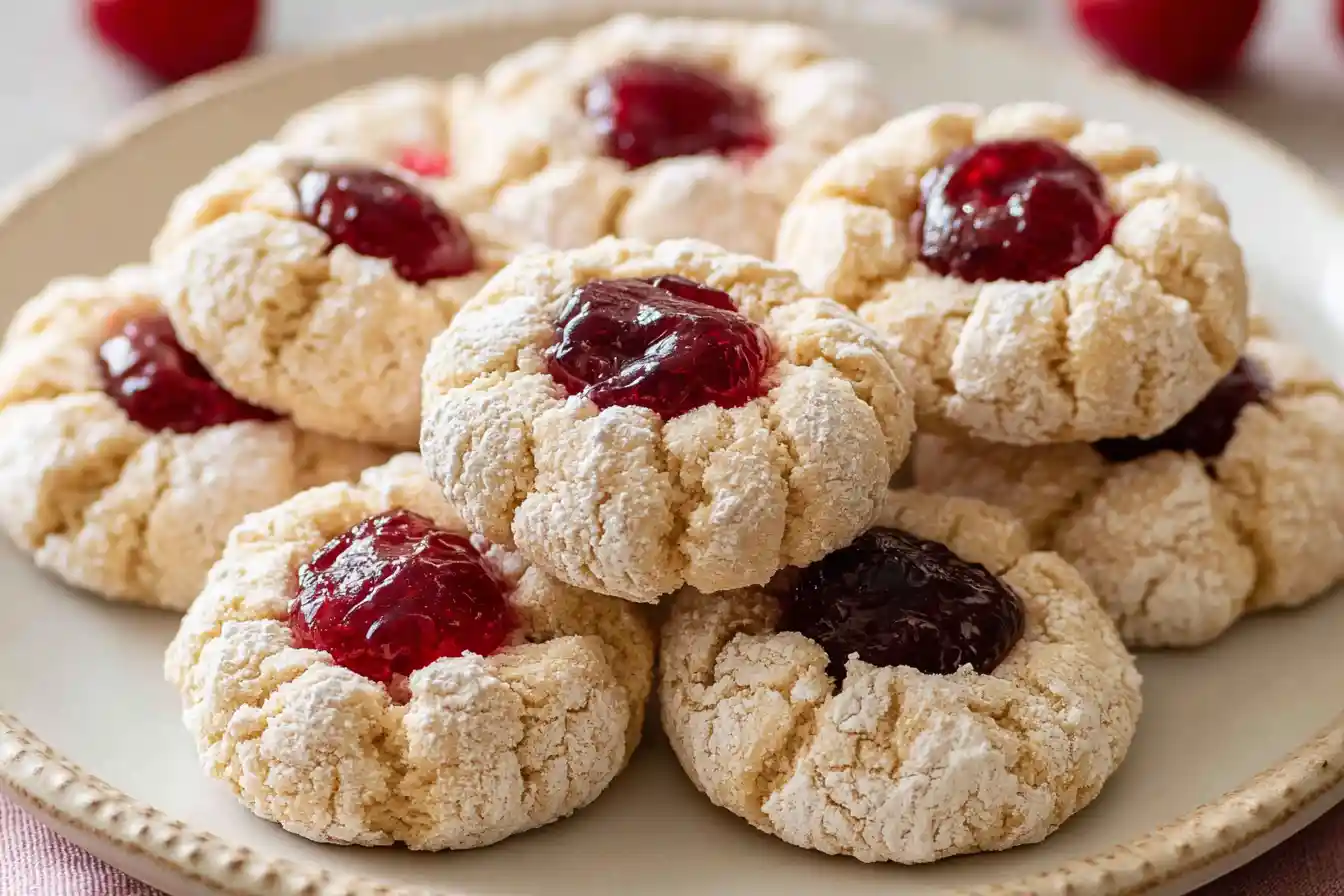A close-up view of a plate of golden-brown cherry cookies, some with visible red fruit pieces and a dusting of powdered sugar.