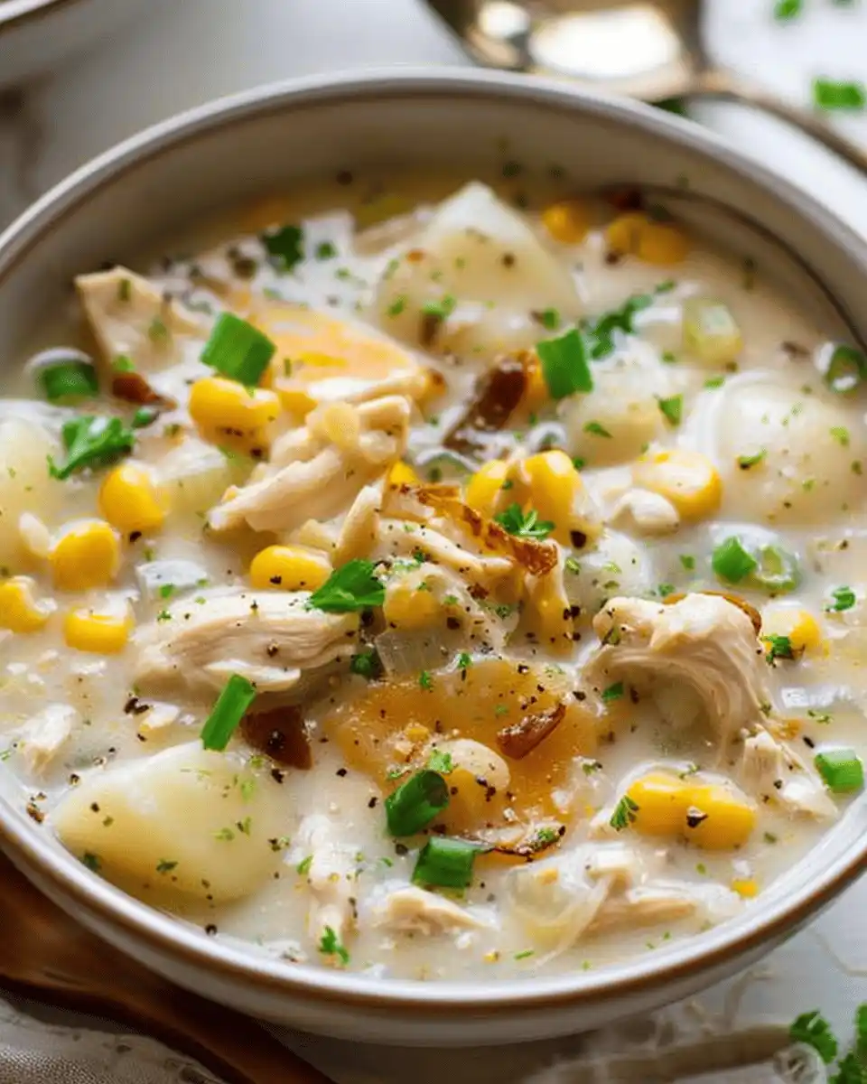 Creamy chicken corn chowder with tender potatoes, sweet corn, shredded chicken, and fresh herbs in a hearty bowl.